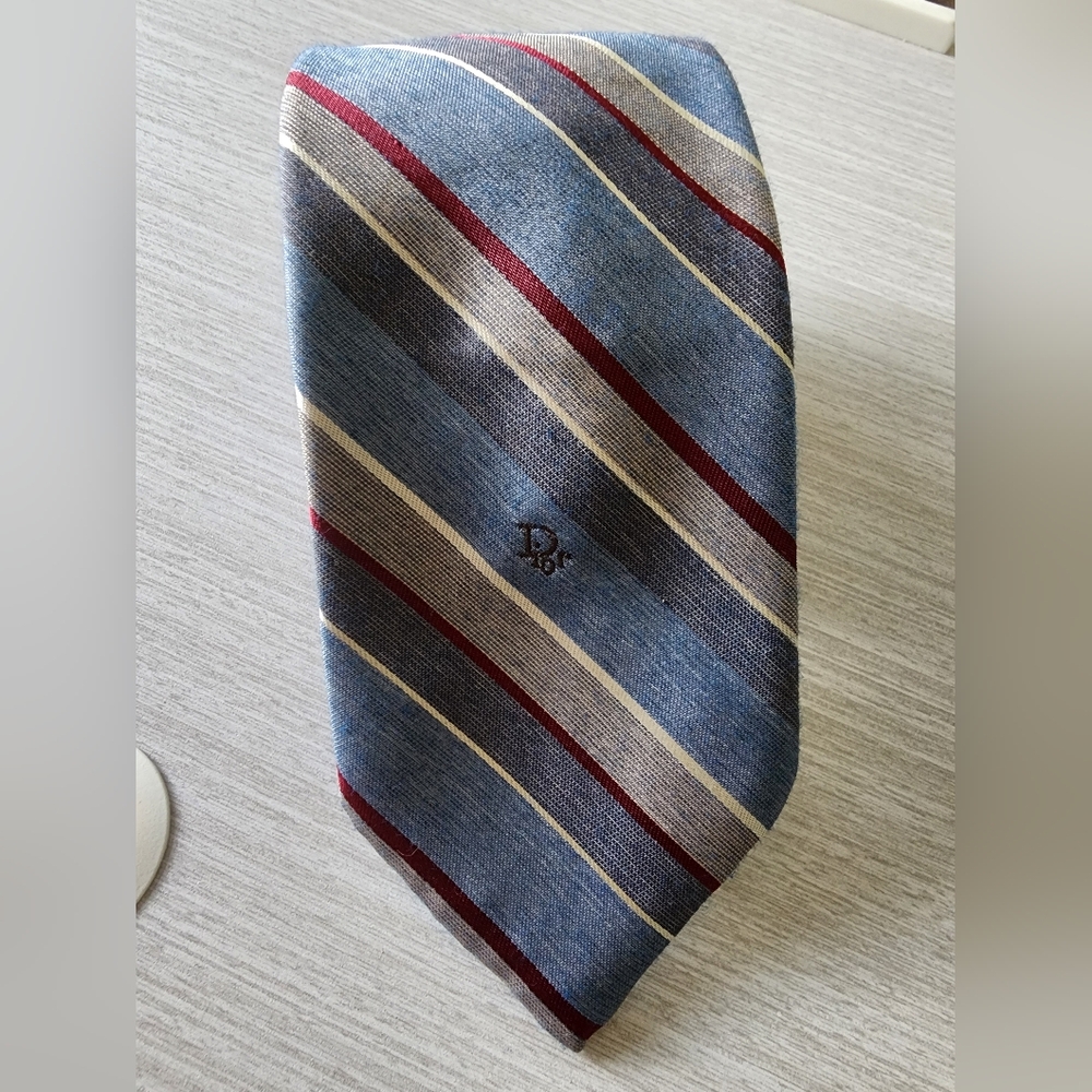 Chritian Dior Vintage Tie - Blue, Gray And Burgandy Stripes